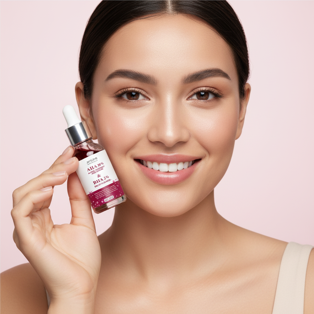 Mujer con piel radiante sosteniendo sérum anti-acné