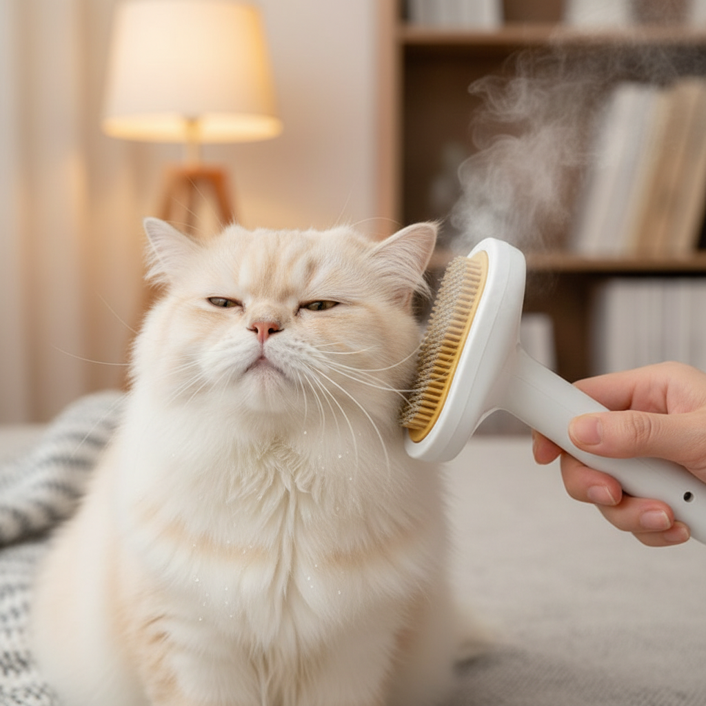 Gato siendo cepillado con cepillo a vapor